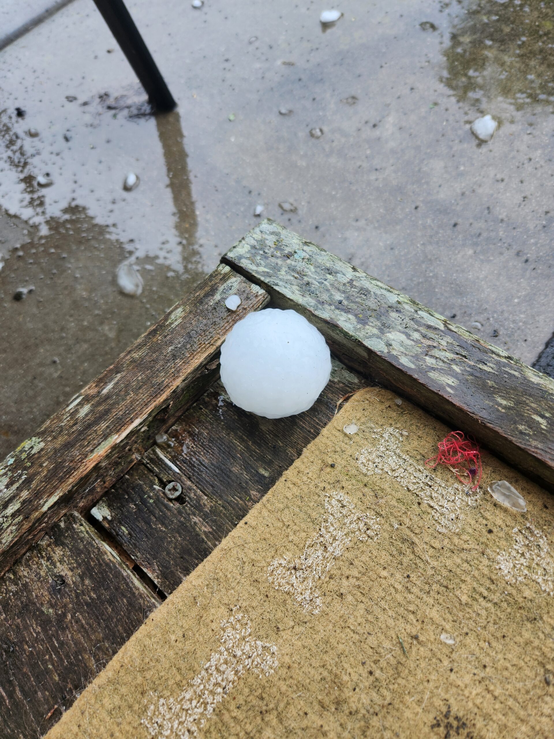 Large Hail Close-Up on Wooden Step